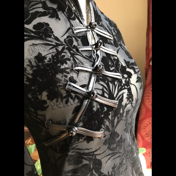 Source Unknown Tops - Cheongsam Goth Stretchy Flocked Top w/ Faux Leather Closures NWOTs Tag L, but M